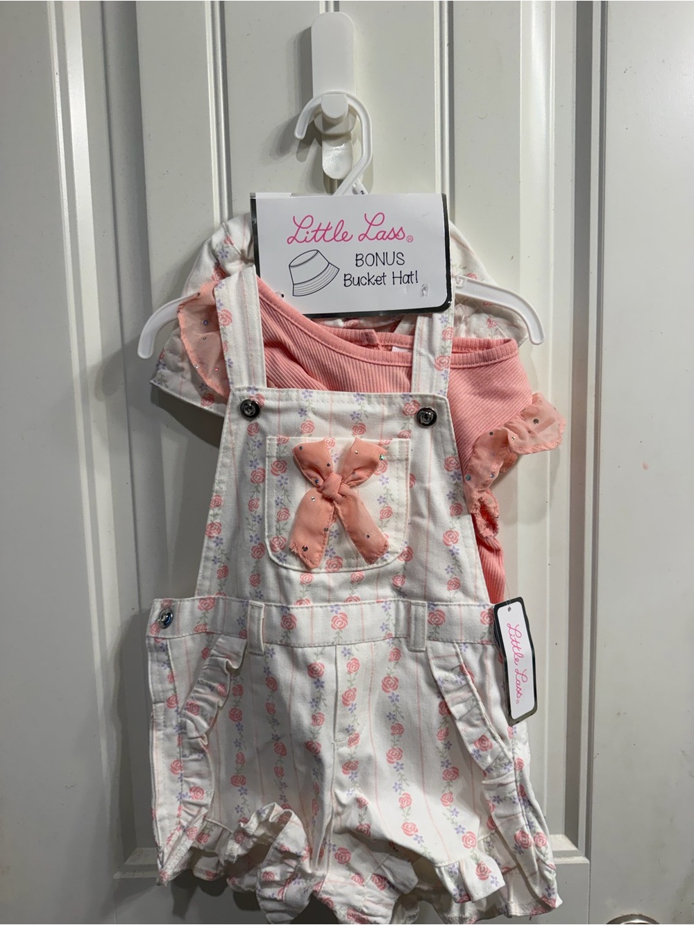 Little Lass White and Pink Floral Ruffle Overalls with Pink Top